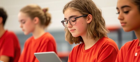 Teen students in red shirts focus on digital tablets in a classroom setting.