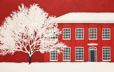 A red building stands beside a snow-covered tree, set against a matching red background in a winter scene.