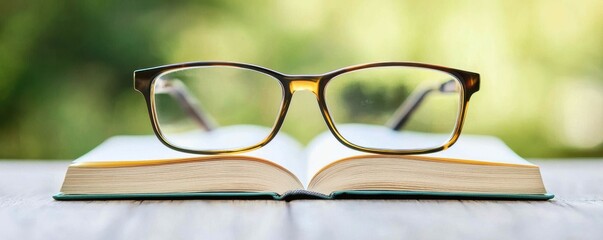 A pair of eyeglasses rests on an open book with a blurred green background, symbolizing reading, knowledge, and learning.