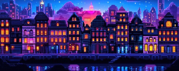 A vibrant pixel art cityscape at night, with illuminated windows reflecting on the water and a glowing skyline in the background.