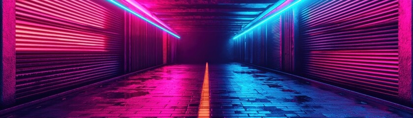 A futuristic tunnel illuminated by vibrant pink and blue neon lights, reflecting off the wet floor with a central yellow line.