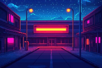 Neon-lit empty street at night, pixel art style, with glowing signs and starry sky above quiet buildings.
