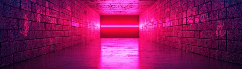 A neon-lit tunnel with glowing pink and purple walls, creating a futuristic atmosphere and vibrant reflection on the floor.