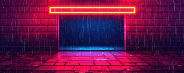 Neon-lit entrance with rain falling on a futuristic, glowing brick alleyway at night.