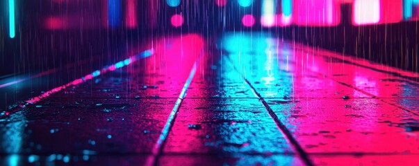 Wet city pavement glows under vibrant neon lights as rain falls at night, creating a colorful, urban atmosphere.
