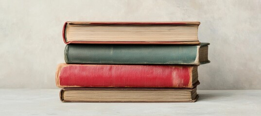 A stack of three vintage hardcover books with worn covers sits on a light surface against a neutral background.