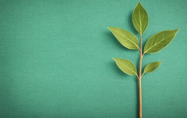 A single green plant stem with leaves is placed on a textured teal background, creating a minimal and fresh composition.