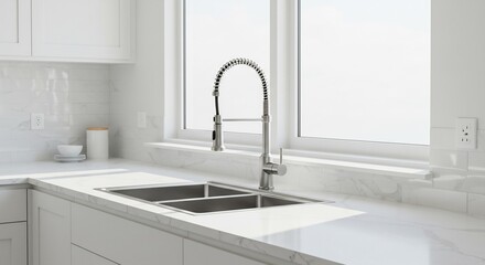 Sleek modern kitchen sink gleams brightly under soft window light. AI Generated