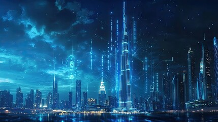 Obraz premium Futuristic cityscape at night with glowing digital connections.