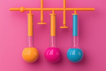 Three colorful laboratory flasks are suspended on a bright pink background, featuring vibrant orange, pink, and blue hues.