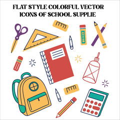 Flat Style Colorful School Supplies Vector Icons Set.