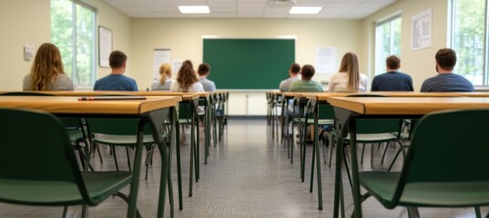 Students sit facing a chalkboard in a bright, modern classroom with large windows and empty chairs in the foreground.