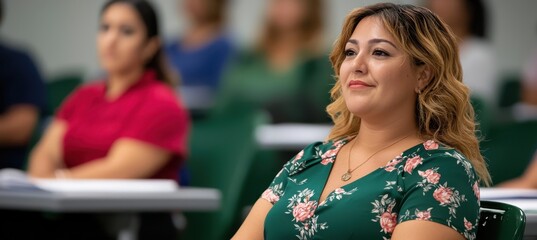 A woman attentively listens during a classroom session, surrounded by other focused adult students.