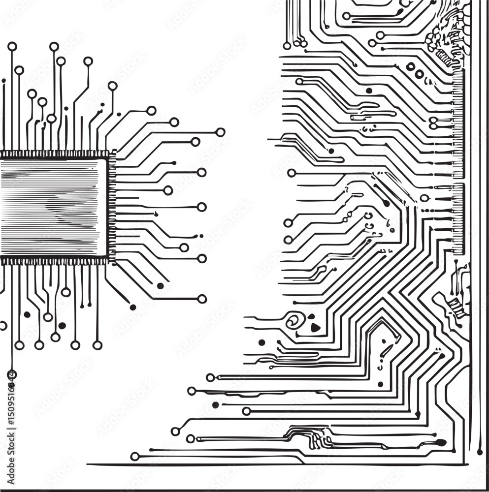 Aufkleber grayscale circuit board displays a stylized human face within its intricate network of connections.
