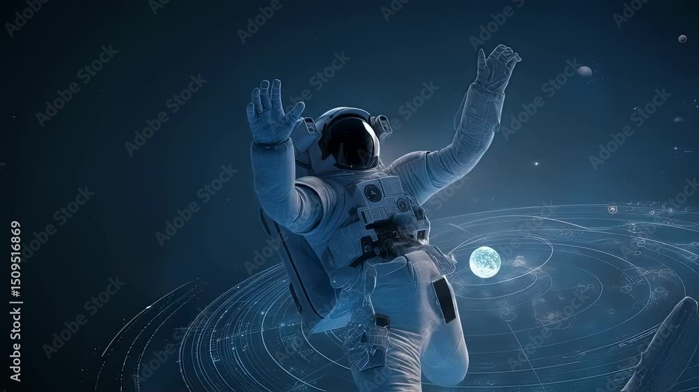 Poster astronaut rotates slowly in the vastness of space, surrounded by planets and a futuristic heads up d