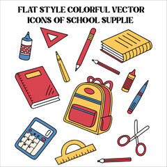Flat Style Colorful School Supplies Vector Icons Set.
