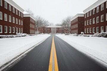 A straight road leads between red brick buildings, all covered in snow, on a quiet winter day.