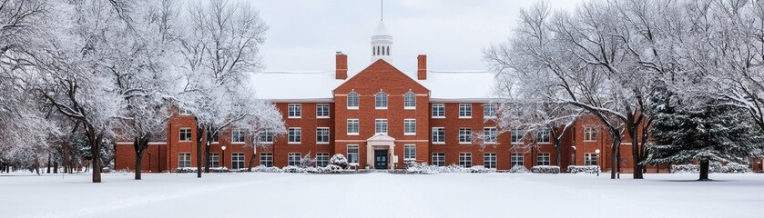 Red brick building surrounded by snow-covered trees in a serene winter landscape.