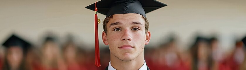 A young graduate wearing a cap and gown looks forward, with classmates blurred in the background.