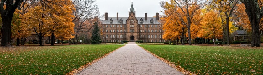 A historic academic building framed by autumn trees and a wide brick walkway, showcasing a classic university campus scene.