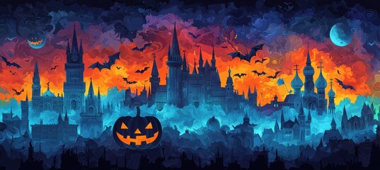 Spooky Halloween cityscape with gothic towers, bats, a glowing jack-o'-lantern, and a vibrant sunset sky.