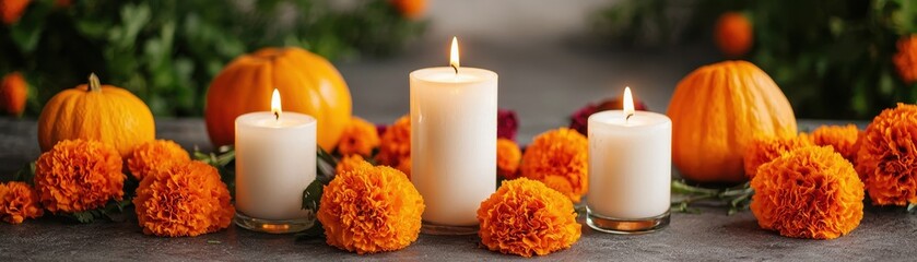 Four candles, marigold flowers, and pumpkins arranged together, creating a warm and festive autumn or celebration scene.