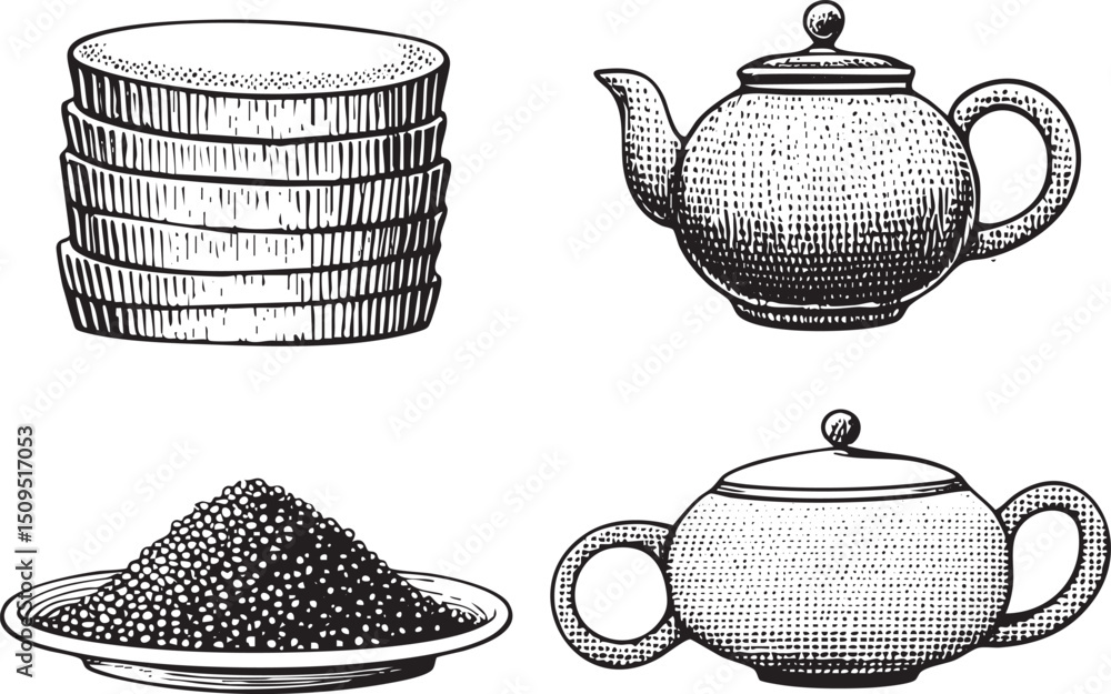 Poster stacked plates and a teapot with tea leaves sit on a rustic surface.