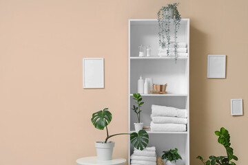 Interior of bathroom with shelf unit, blank frames and plants