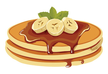 Pancake with Sliced Banana and Caramel Syrup - vector illustration