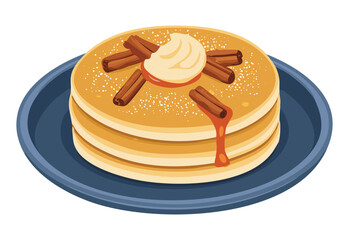 pancakes with cinnamon and apple topping on plate - vector illustration