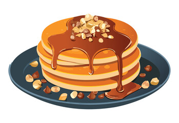 pancakes with chopped nuts and caramel syrup - vector illustration