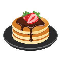 Pancakes topped with strawberries and chocolate sauce - vector illustration