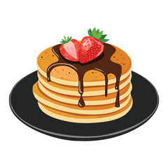 Pancakes with Strawberries and Chocolate Sauce on Plate - Vector Illustration