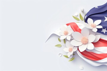 Paper craft of united states flag elements and white flowers on white background, patriotic concept for national holiday.