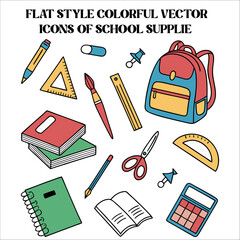 Flat Style Colorful School Supplies Vector Icons Set.