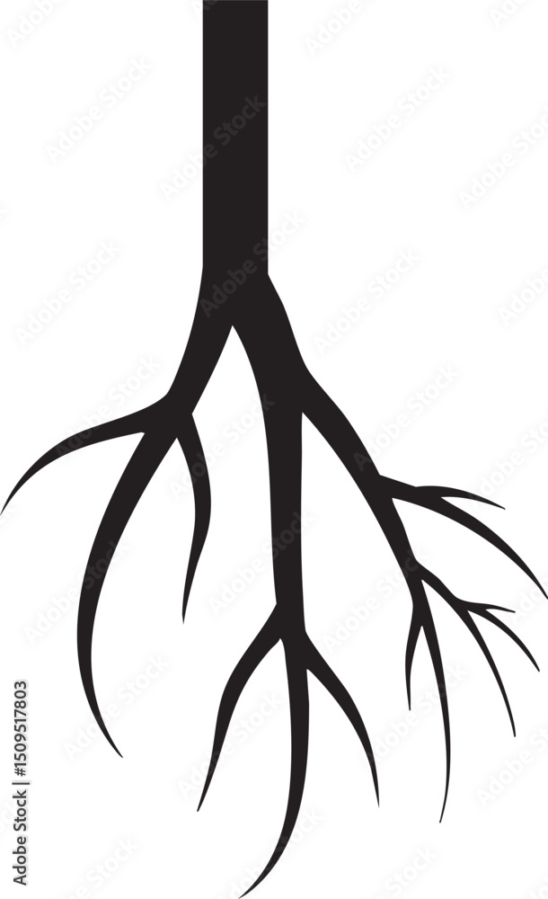 Poster stark black tree root system extends downwards from a central trunk.