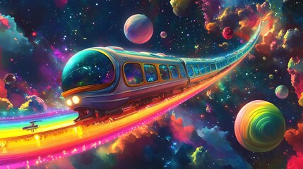 A space train travelling with glowing rainbow