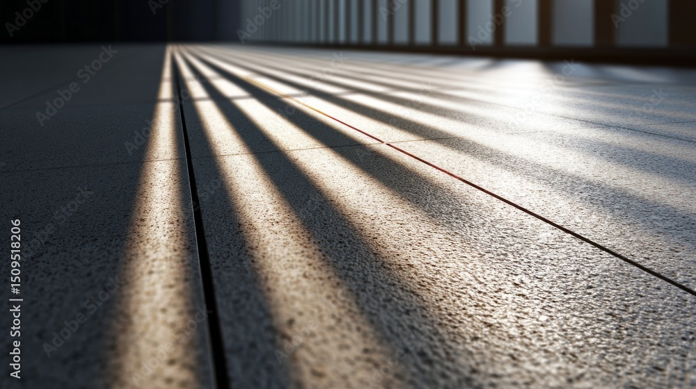 Fototapete Sunlight streams through windows, casting dramatic shadows on the textured flooring of a contemporary corporate space. The sharp lines create an intriguing visual effect, enhancing the atmosphere