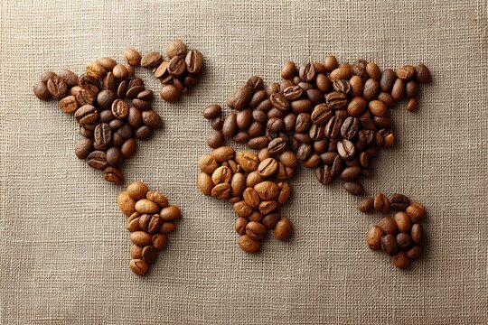 Coffee beans arranged on burlap to form a world map, symbolizing global coffee culture and trade.