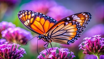 Naklejka premium A colorful butterfly with intricate patterns rests on a small purple flower. 