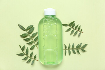 Bottle of micellar water and leaves on green background