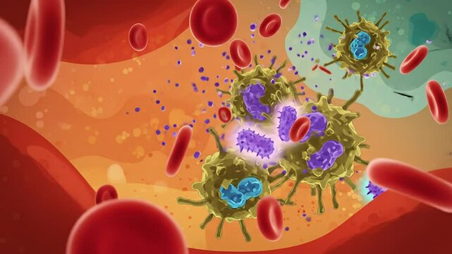 Animated immune system cell attacking pathogens