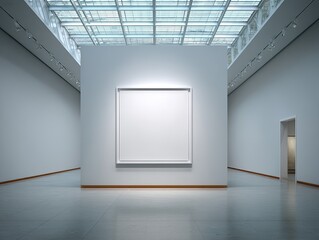 A minimalist gallery interior showcases a large, blank, square canvas centrally positioned on a white wall under a skylight, with recessed lighting and polished floors