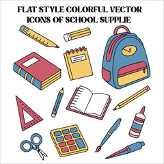 Flat Style Colorful School Supplies Vector Icons Set.