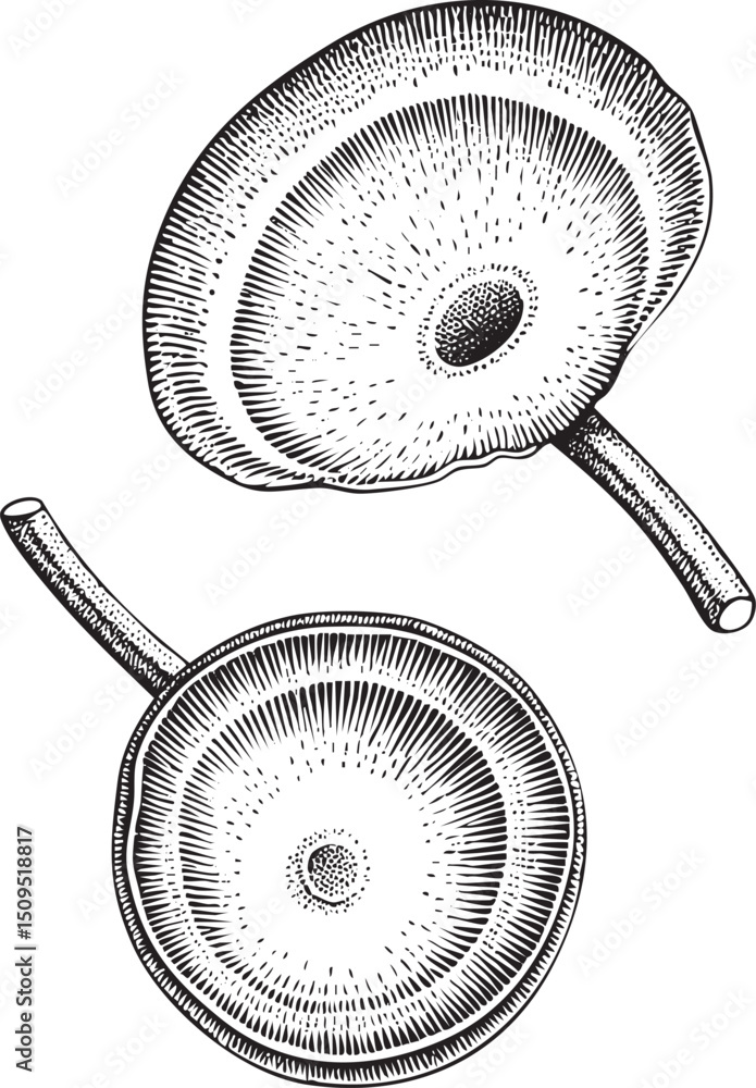 Poster two stylized circular objects with textured surfaces and curved stems.