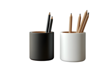 Minimalist Black and White Pencil Holders with Wooden Pencils on Black for Office Desk and Stationery Photography