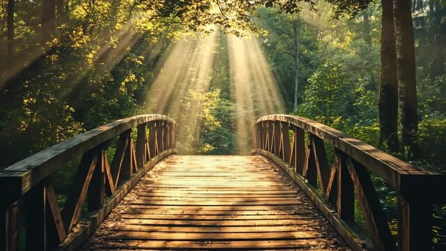 Sunlit wooden bridge pathway through enchanted forest, tranquil scene and mystic