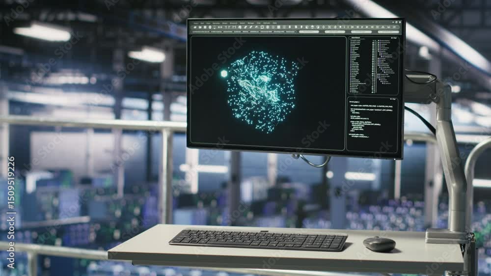 Poster pc monitor on data center industrial platform displaying hardware status for ai training workflows. 