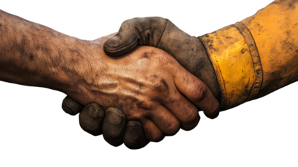 Rugged Handshake Between Workworn Hand and Yellow Gloved Arm on Dark Setting for Teamwork and Industrial Concepts