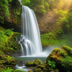 Stunning Waterfall with Azure Blue Water Clarity Showing Submerged Rocks - Peaceful and Refreshing Natural Environment, Ideal for Wallpapers and Ecotourism Concepts